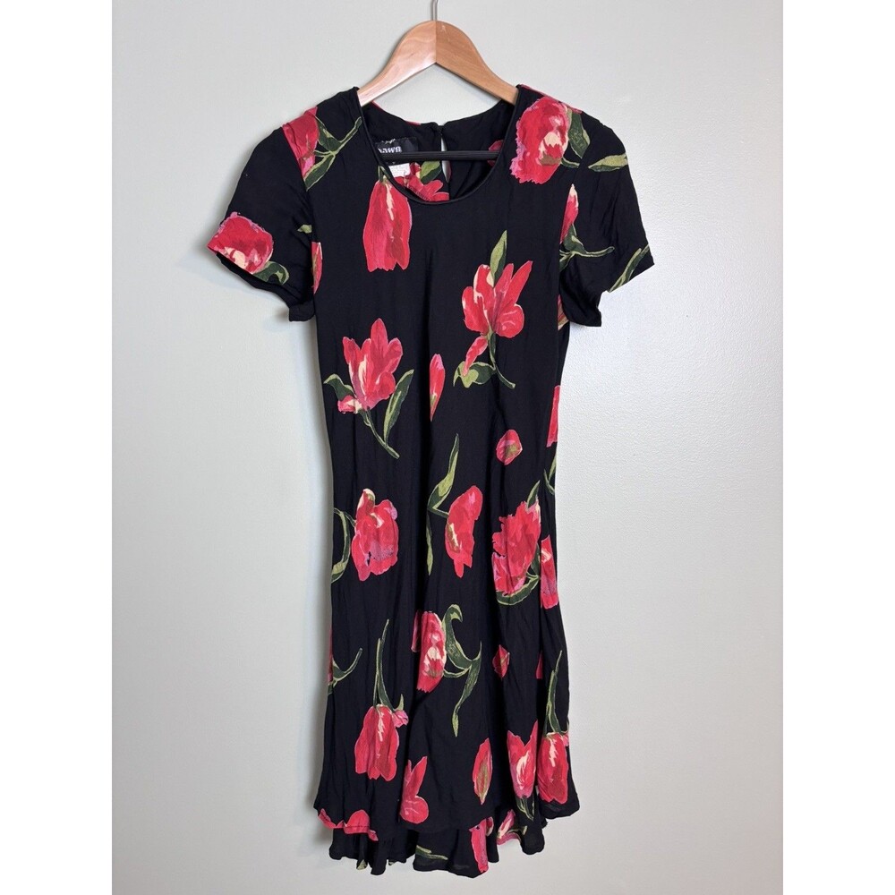 VTG 90s Dawn Joy Midi Dress Rayon Made USA Whimsigoth Grunge Dark Floral Sz 12